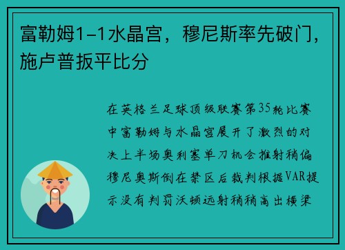 富勒姆1-1水晶宫，穆尼斯率先破门，施卢普扳平比分