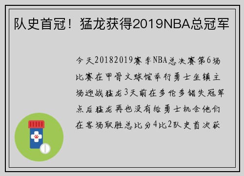 队史首冠！猛龙获得2019NBA总冠军