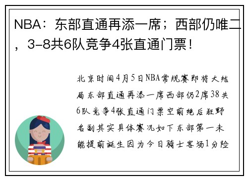 NBA：东部直通再添一席；西部仍唯二，3-8共6队竞争4张直通门票！