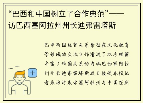 “巴西和中国树立了合作典范”——访巴西塞阿拉州州长迪弗雷塔斯