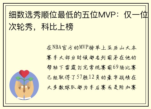 细数选秀顺位最低的五位MVP：仅一位次轮秀，科比上榜