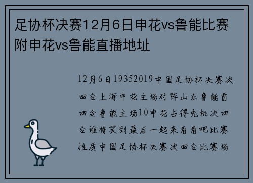 足协杯决赛12月6日申花vs鲁能比赛 附申花vs鲁能直播地址